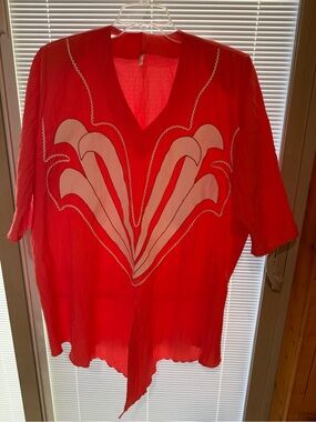V-Neck Red Tunic Top with White Graphic Detail